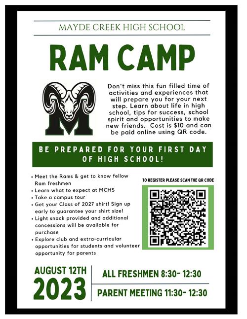 Ram Camp, August 12, 2023. All freshman 8:30-12:30. Parent Meeting 11:30-12:30.